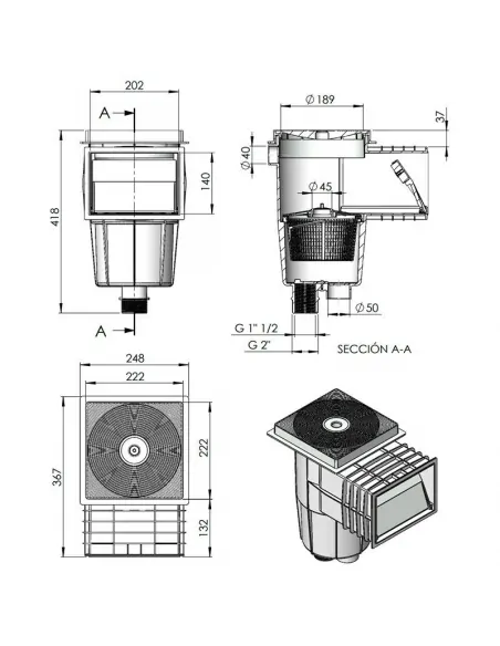 AstralPool Skimmer Boca Standard Tapa Cuadrada Hormigón Schwimmbad