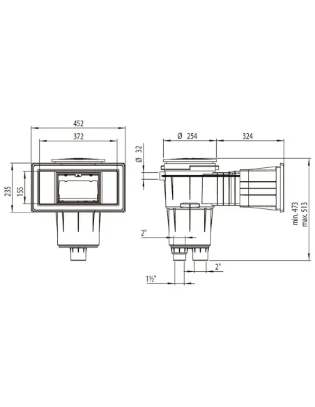 Skimmer 17,5L brede bek vierkante afdekking beton zwembad AstralPool