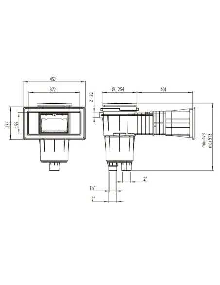 Skimmer 17,5L brede bek langwerpige vierkante afdekking beton zwembad AstralPool